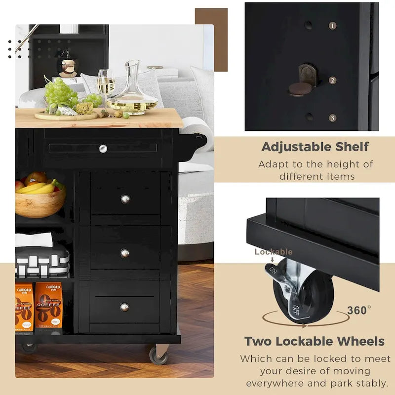 Rolling Kitchen Island Cart with 5 Drawers, Rubber Wood Top, Spice Rack, and Towel Holder