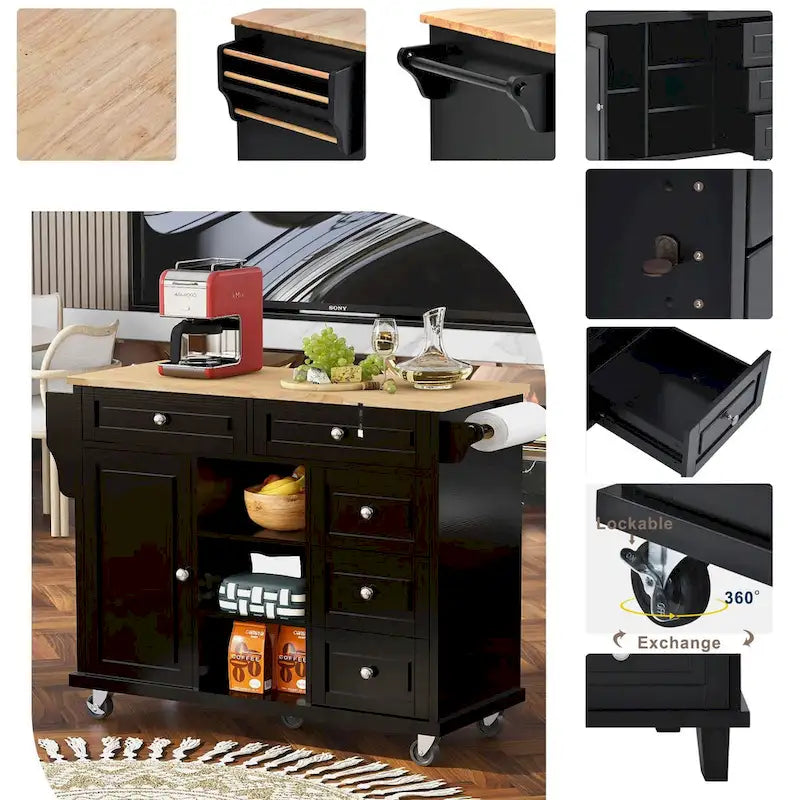 Rolling Kitchen Island Cart with 5 Drawers, Rubber Wood Top, Spice Rack, and Towel Holder