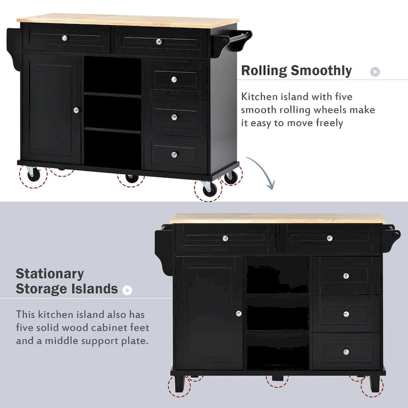 Rolling Kitchen Island Cart with 5 Drawers, Rubber Wood Top, Spice Rack, and Towel Holder
