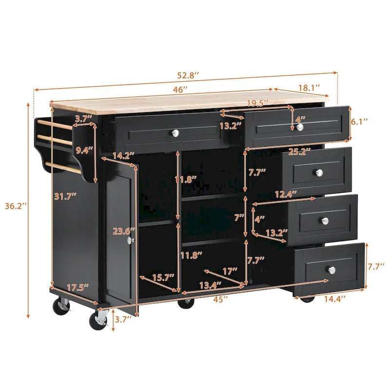 Rolling Kitchen Island Cart with 5 Drawers, Rubber Wood Top, Spice Rack, and Towel Holder