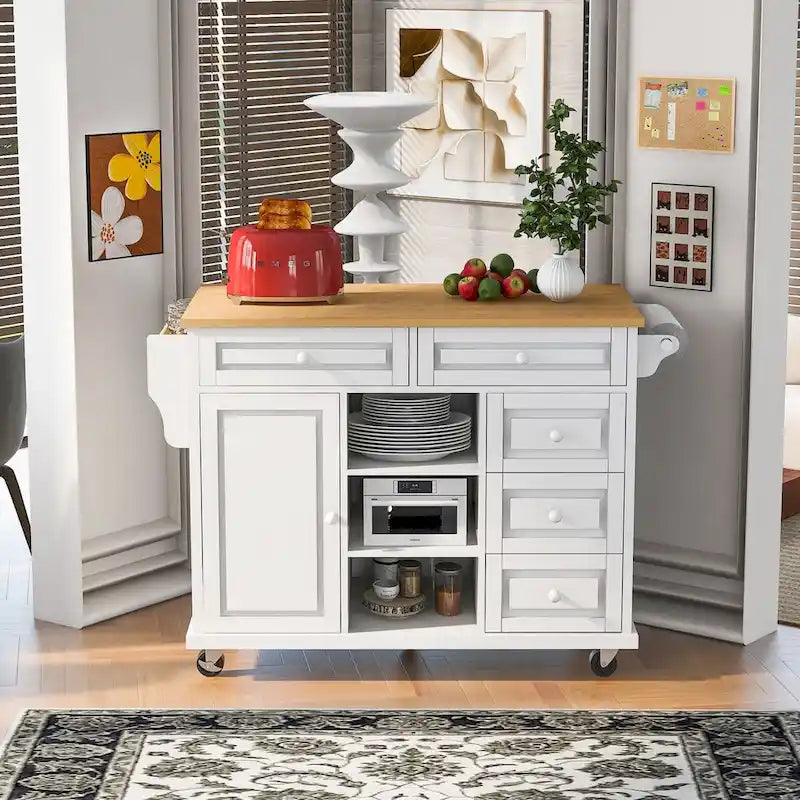 Rolling Kitchen Island Cart with 5 Drawers, Rubber Wood Top, Spice Rack, and Towel Holder
