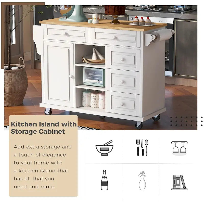 Rolling Kitchen Island Cart with 5 Drawers, Rubber Wood Top, Spice Rack, and Towel Holder