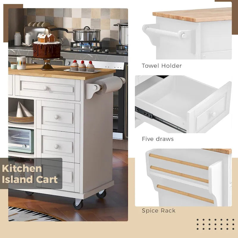 Rolling Kitchen Island Cart with 5 Drawers, Rubber Wood Top, Spice Rack, and Towel Holder