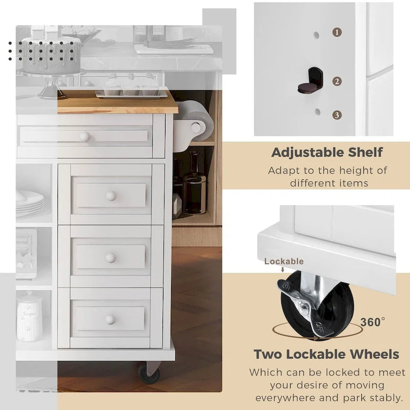 Rolling Kitchen Island Cart with 5 Drawers, Rubber Wood Top, Spice Rack, and Towel Holder