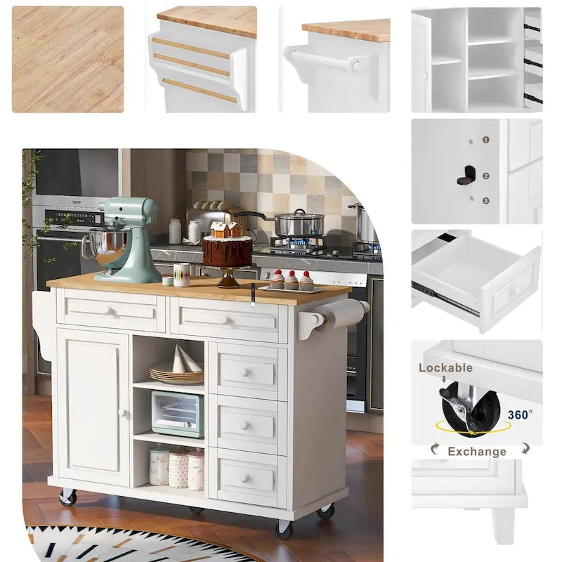 Rolling Kitchen Island Cart with 5 Drawers, Rubber Wood Top, Spice Rack, and Towel Holder