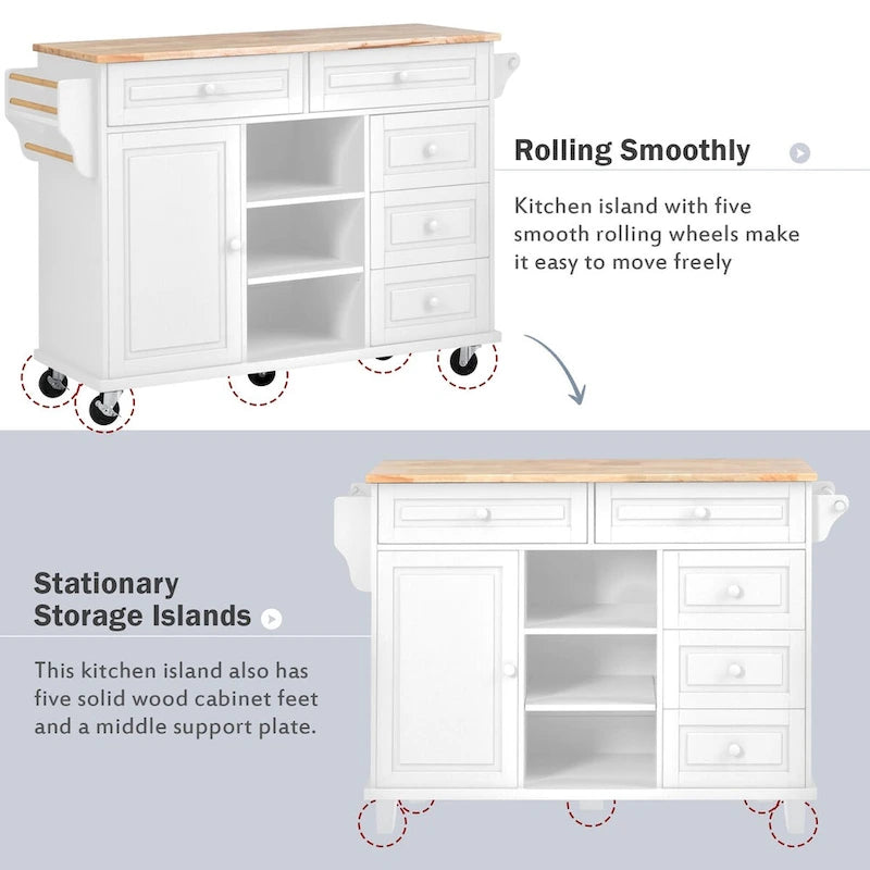 Rolling Kitchen Island Cart with 5 Drawers, Rubber Wood Top, Spice Rack, and Towel Holder