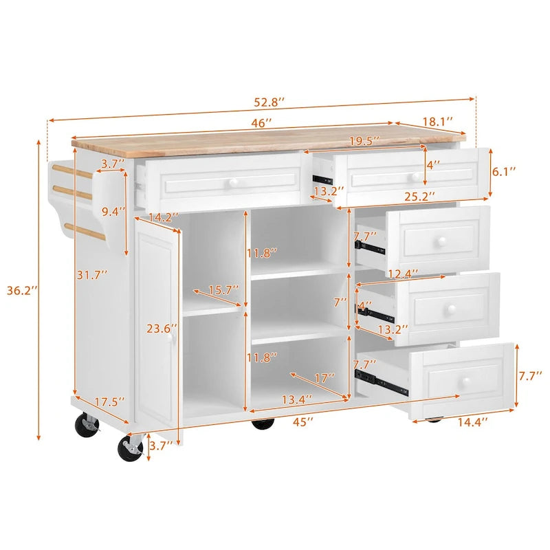 Rolling Kitchen Island Cart with 5 Drawers, Rubber Wood Top, Spice Rack, and Towel Holder