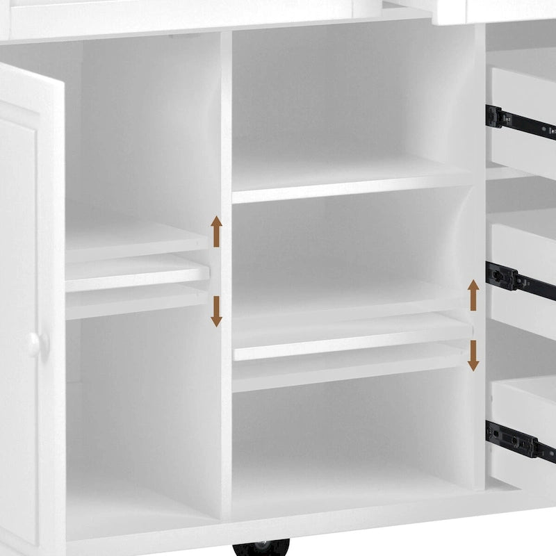 Rolling Kitchen Island Cart with 5 Drawers, Rubber Wood Top, Spice Rack, and Towel Holder