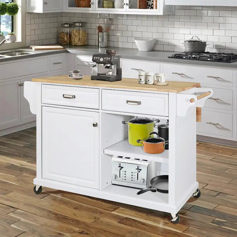 Kitchen Island Cart with 2 Drawers, Adjustable Shelves, Towel Rack, and Heavy-Duty Casters