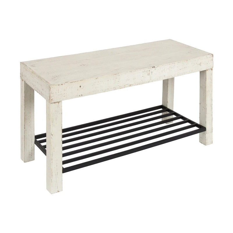 Farmhouse Entryway Bench with Wood Frame and Slatted Iron Shoe Shelf