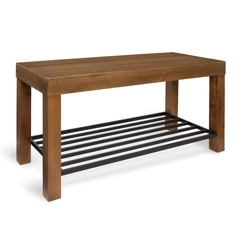 Farmhouse Entryway Bench with Wood Frame and Slatted Iron Shoe Shelf
