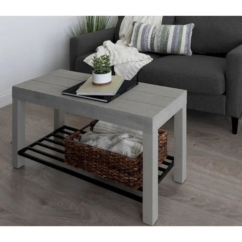 Farmhouse Entryway Bench with Wood Frame and Slatted Iron Shoe Shelf