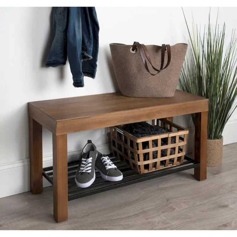 Farmhouse Entryway Bench with Wood Frame and Slatted Iron Shoe Shelf