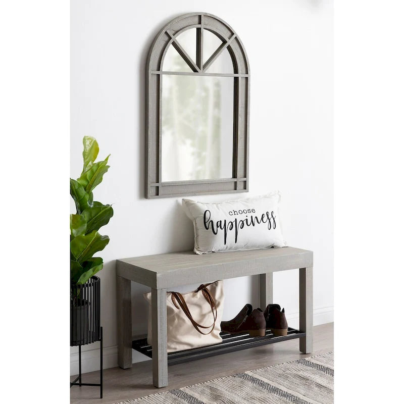 Farmhouse Entryway Bench with Wood Frame and Slatted Iron Shoe Shelf