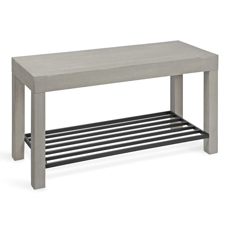 Farmhouse Entryway Bench with Wood Frame and Slatted Iron Shoe Shelf