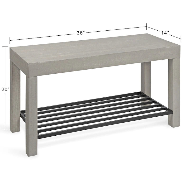 Farmhouse Entryway Bench with Wood Frame and Slatted Iron Shoe Shelf