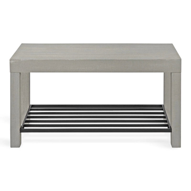 Farmhouse Entryway Bench with Wood Frame and Slatted Iron Shoe Shelf
