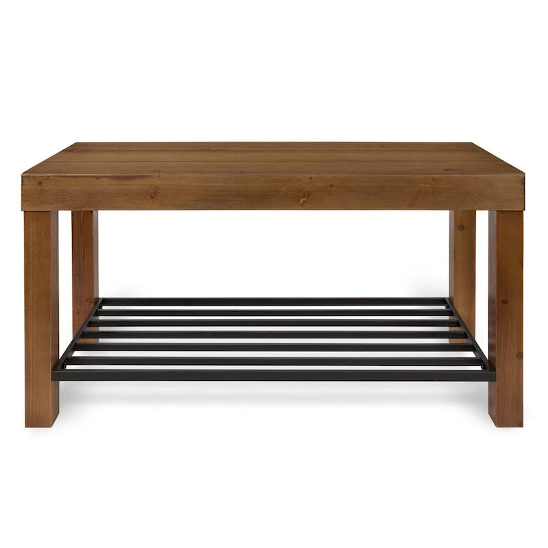 Farmhouse Entryway Bench with Wood Frame and Slatted Iron Shoe Shelf