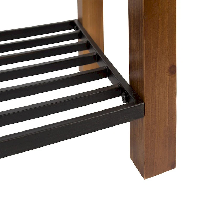 Farmhouse Entryway Bench with Wood Frame and Slatted Iron Shoe Shelf