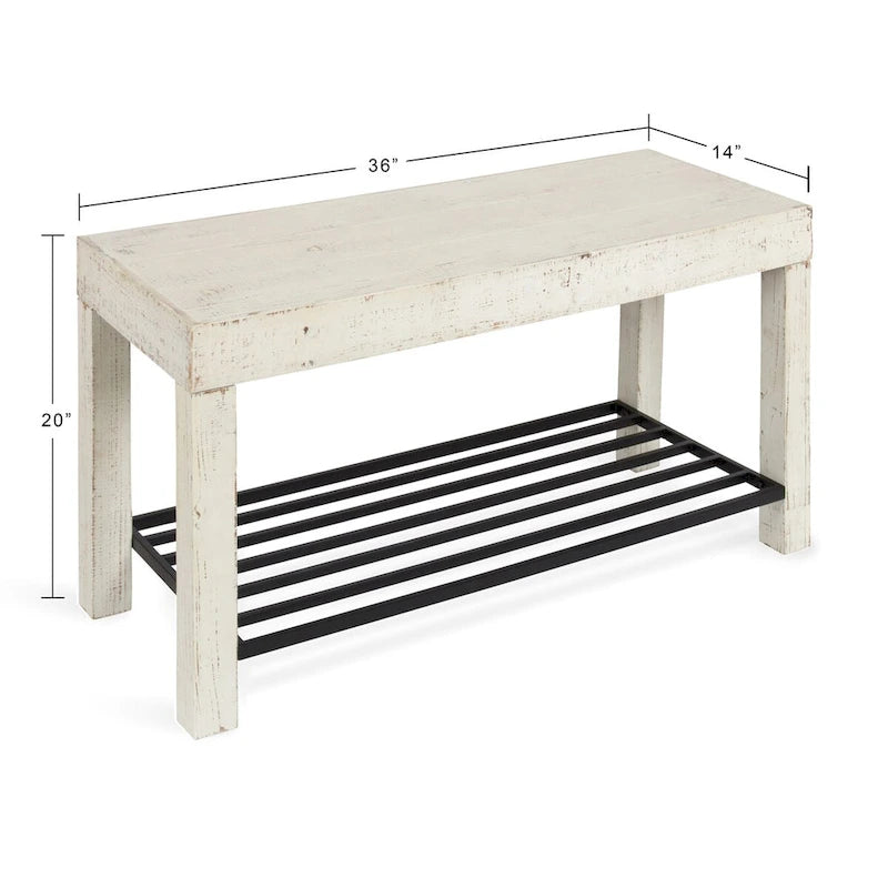 Farmhouse Entryway Bench with Wood Frame and Slatted Iron Shoe Shelf
