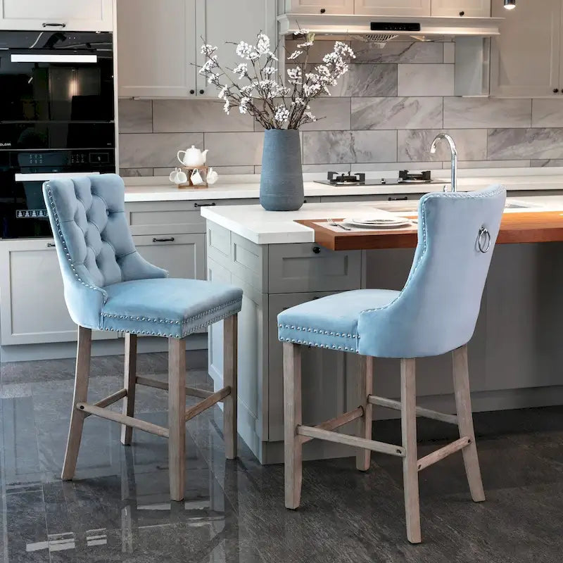 Velvet Upholstered Barstools with Button Tufted Decoration and Wooden Legs, and Chrome Nailhead Trim, Leisure Style Bar Chairs