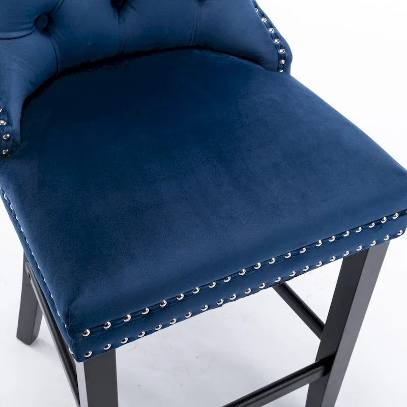 Velvet Upholstered Barstools with Button Tufted Decoration and Wooden Legs, and Chrome Nailhead Trim, Leisure Style Bar Chairs
