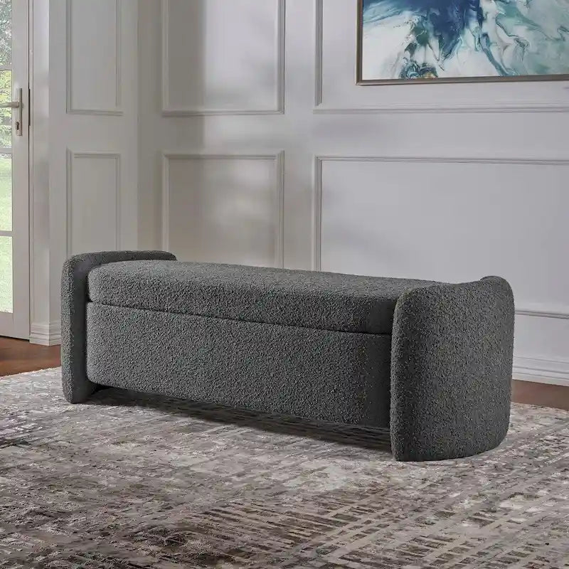 Boucle Upholstered Storage Bench with Hinged Seat and Dense Foam Padding