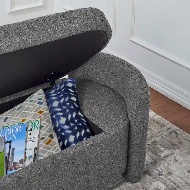 Boucle Upholstered Storage Bench with Hinged Seat and Dense Foam Padding