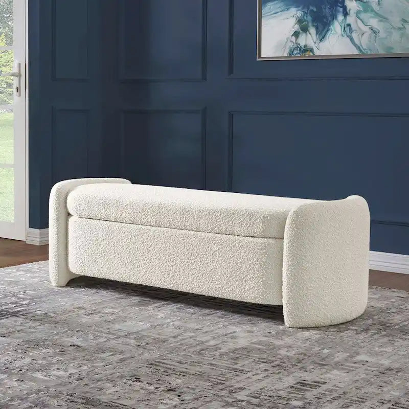 Boucle Upholstered Storage Bench with Hinged Seat and Dense Foam Padding