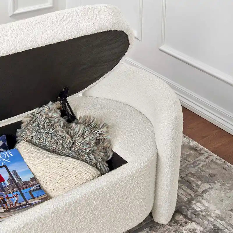 Boucle Upholstered Storage Bench with Hinged Seat and Dense Foam Padding