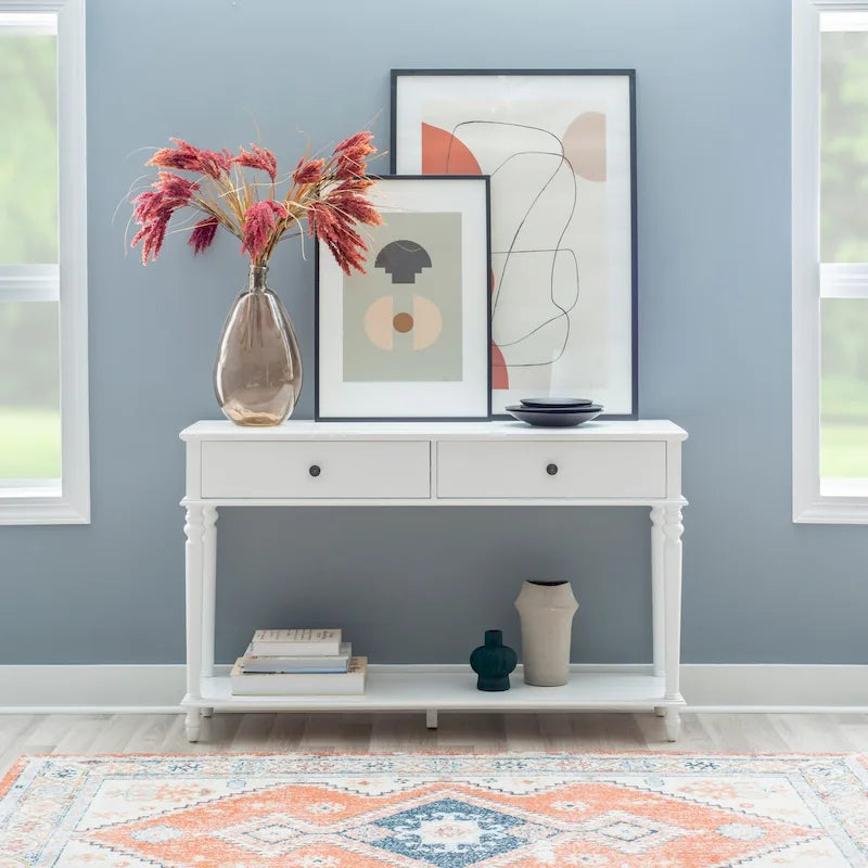 Farmhouse Console Table with 2 Drawers and Bottom Shelf in Rustic White