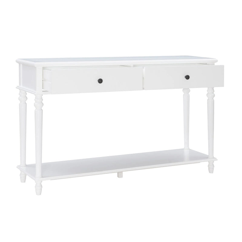 Farmhouse Console Table with 2 Drawers and Bottom Shelf in Rustic White