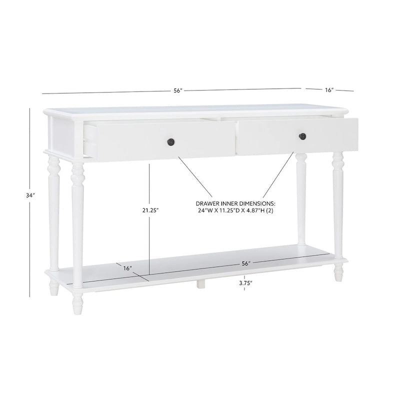 Farmhouse Console Table with 2 Drawers and Bottom Shelf in Rustic White