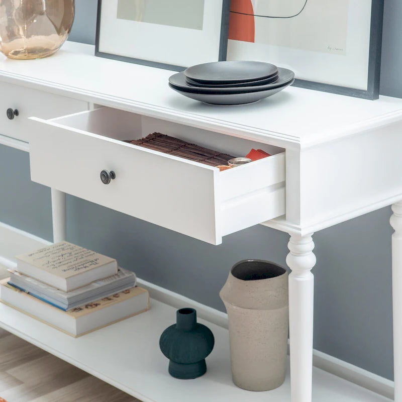 Farmhouse Console Table with 2 Drawers and Bottom Shelf in Rustic White