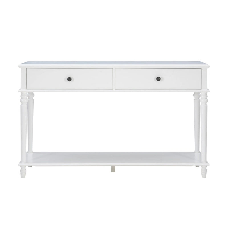 Farmhouse Console Table with 2 Drawers and Bottom Shelf in Rustic White