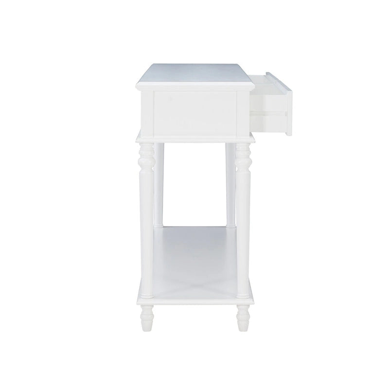 Farmhouse Console Table with 2 Drawers and Bottom Shelf in Rustic White
