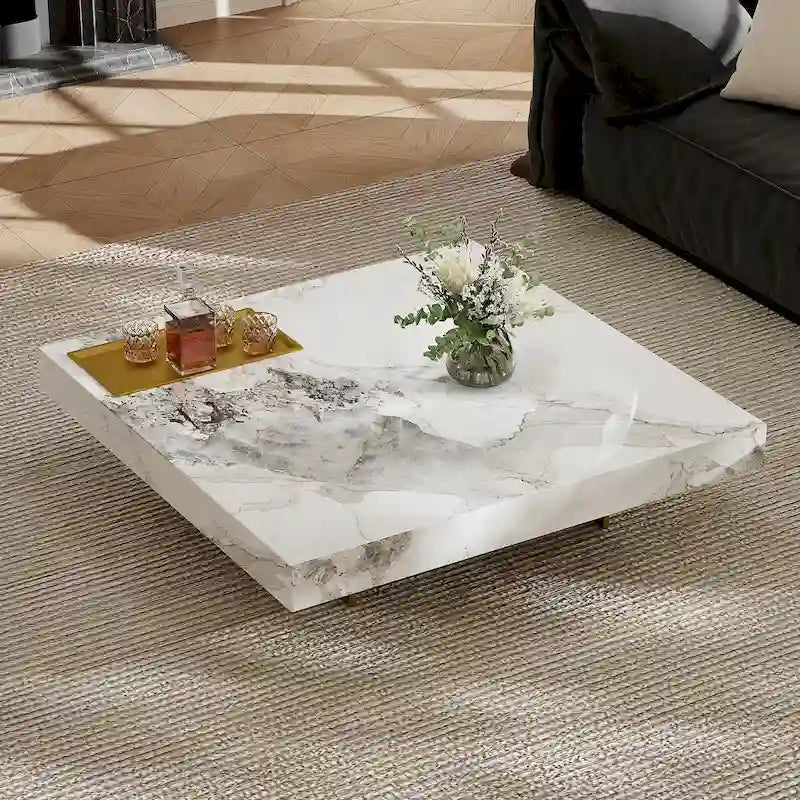 Modern 42-Inch Square Coffee Table with Glossy Sintered Stone Tabletop and Stainless Steel Legs