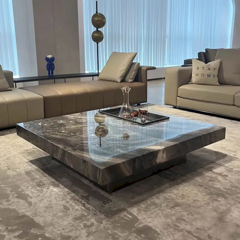 Modern 42-Inch Square Coffee Table with Glossy Sintered Stone Tabletop and Stainless Steel Legs