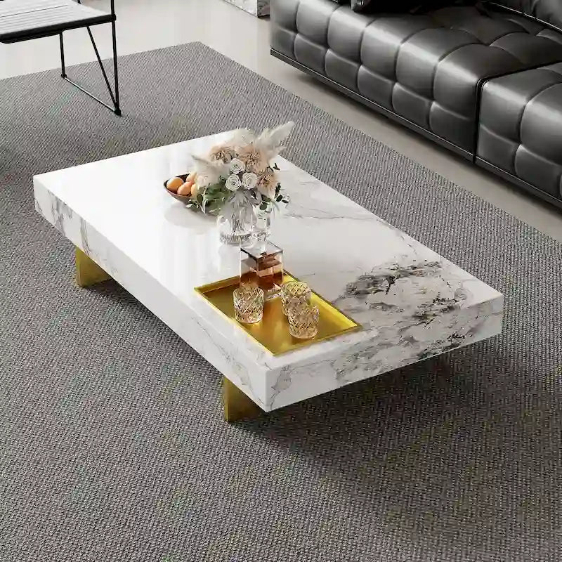 Modern 42-Inch Square Coffee Table with Glossy Sintered Stone Tabletop and Stainless Steel Legs