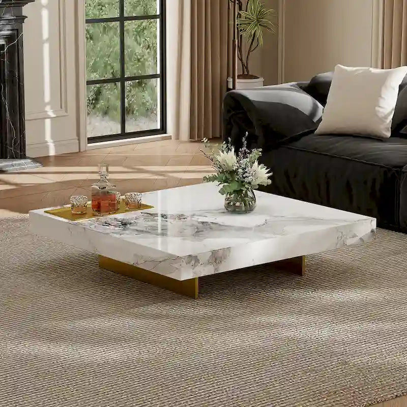 Modern 42-Inch Square Coffee Table with Glossy Sintered Stone Tabletop and Stainless Steel Legs