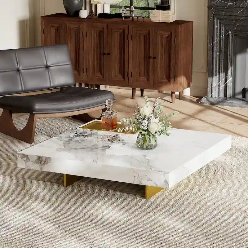 Modern 42-Inch Square Coffee Table with Glossy Sintered Stone Tabletop and Stainless Steel Legs