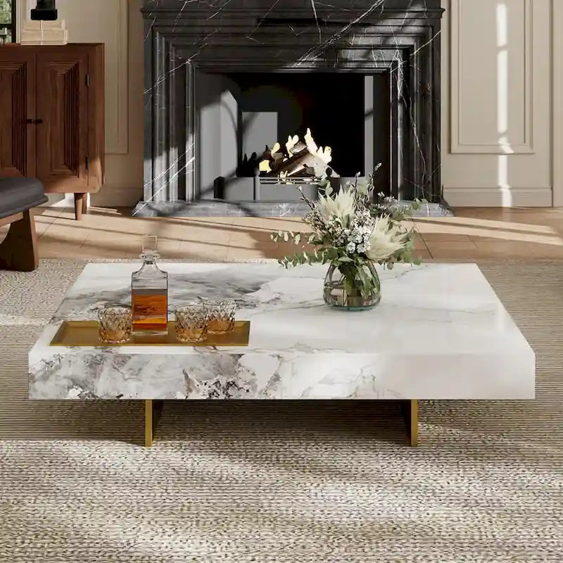 Modern 42-Inch Square Coffee Table with Glossy Sintered Stone Tabletop and Stainless Steel Legs