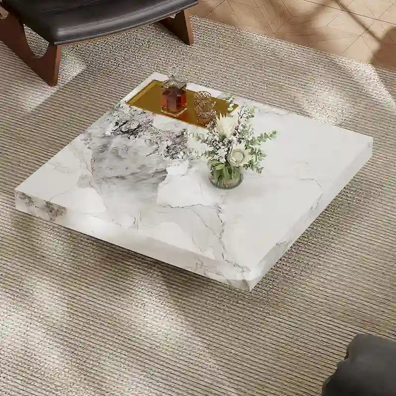Modern 42-Inch Square Coffee Table with Glossy Sintered Stone Tabletop and Stainless Steel Legs