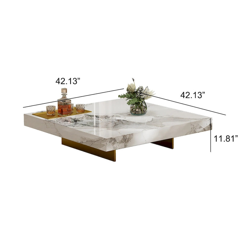 Modern 42-Inch Square Coffee Table with Glossy Sintered Stone Tabletop and Stainless Steel Legs