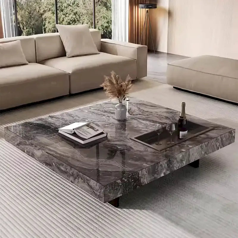 Modern 42-Inch Square Coffee Table with Glossy Sintered Stone Tabletop and Stainless Steel Legs