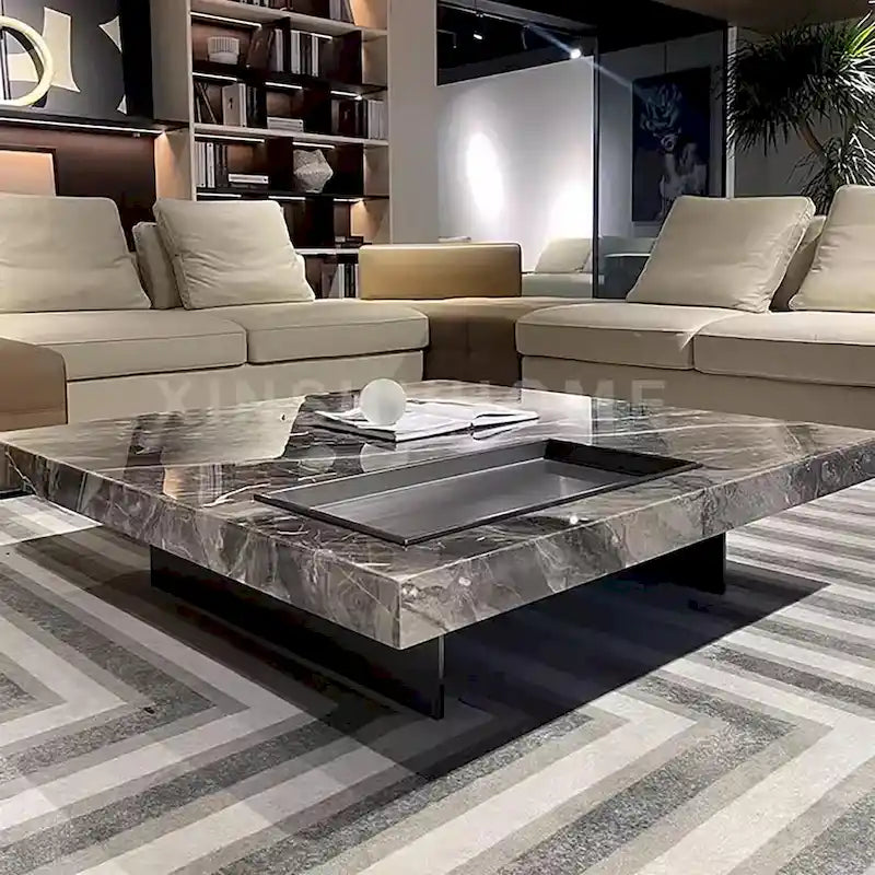 Modern 42-Inch Square Coffee Table with Glossy Sintered Stone Tabletop and Stainless Steel Legs