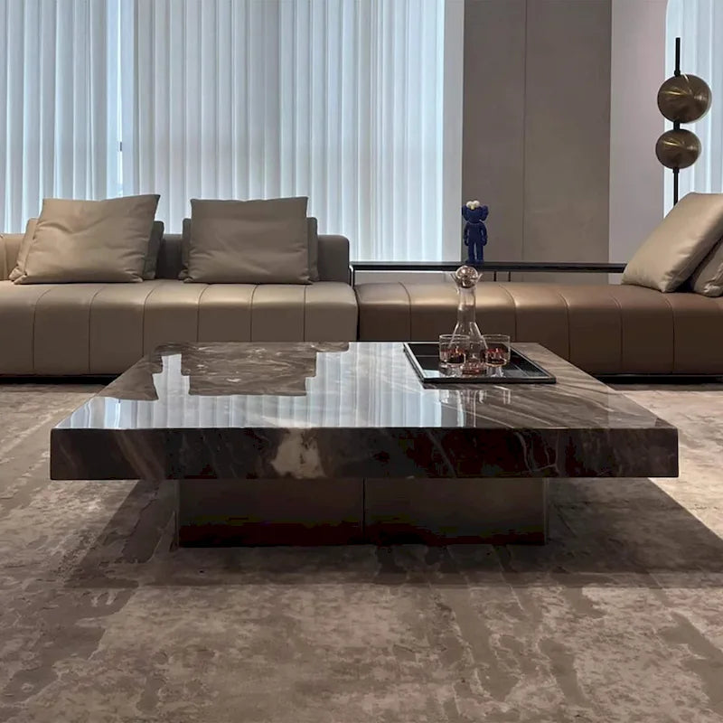 Modern 42-Inch Square Coffee Table with Glossy Sintered Stone Tabletop and Stainless Steel Legs