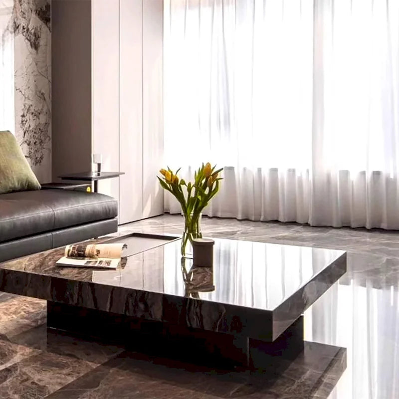 Modern 42-Inch Square Coffee Table with Glossy Sintered Stone Tabletop and Stainless Steel Legs