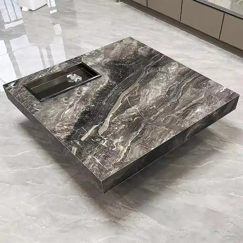 Modern 42-Inch Square Coffee Table with Glossy Sintered Stone Tabletop and Stainless Steel Legs
