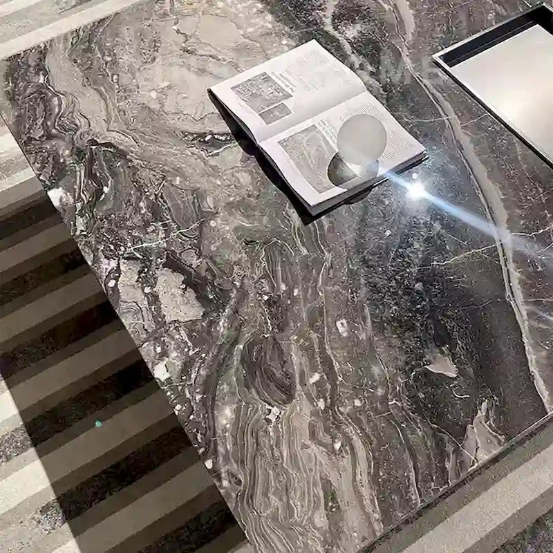 Modern 42-Inch Square Coffee Table with Glossy Sintered Stone Tabletop and Stainless Steel Legs